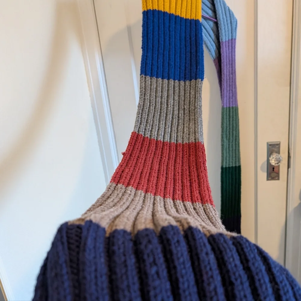 Hand Knit Ribbed Dr. Who Style Color Block Scarf With Fringe
